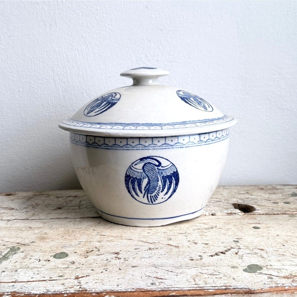 Vintage Chinese Blue White Ceramic Lidded Rice Serving Bowl Crane Motif